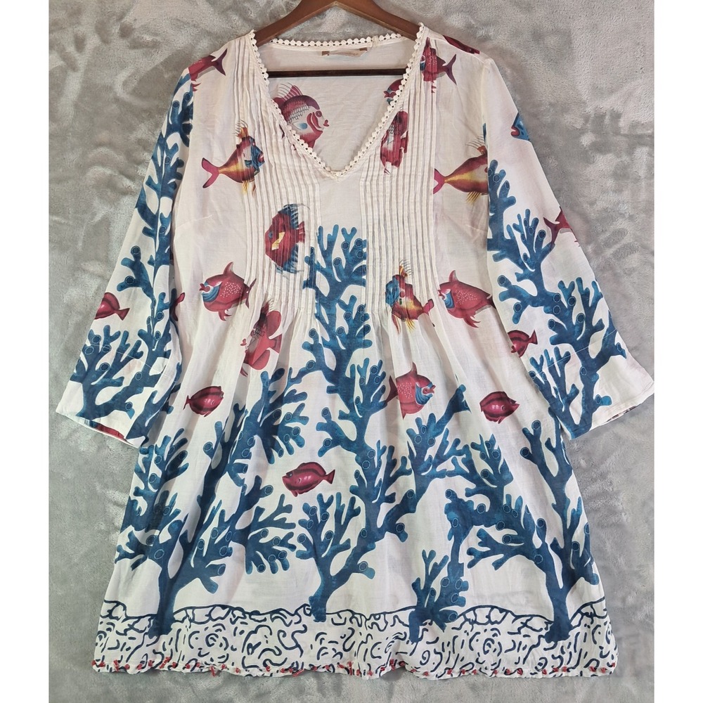 Soft Surroundings Tunic Dress L Coral Fish Print Pintuck Beach Coverup Coastal